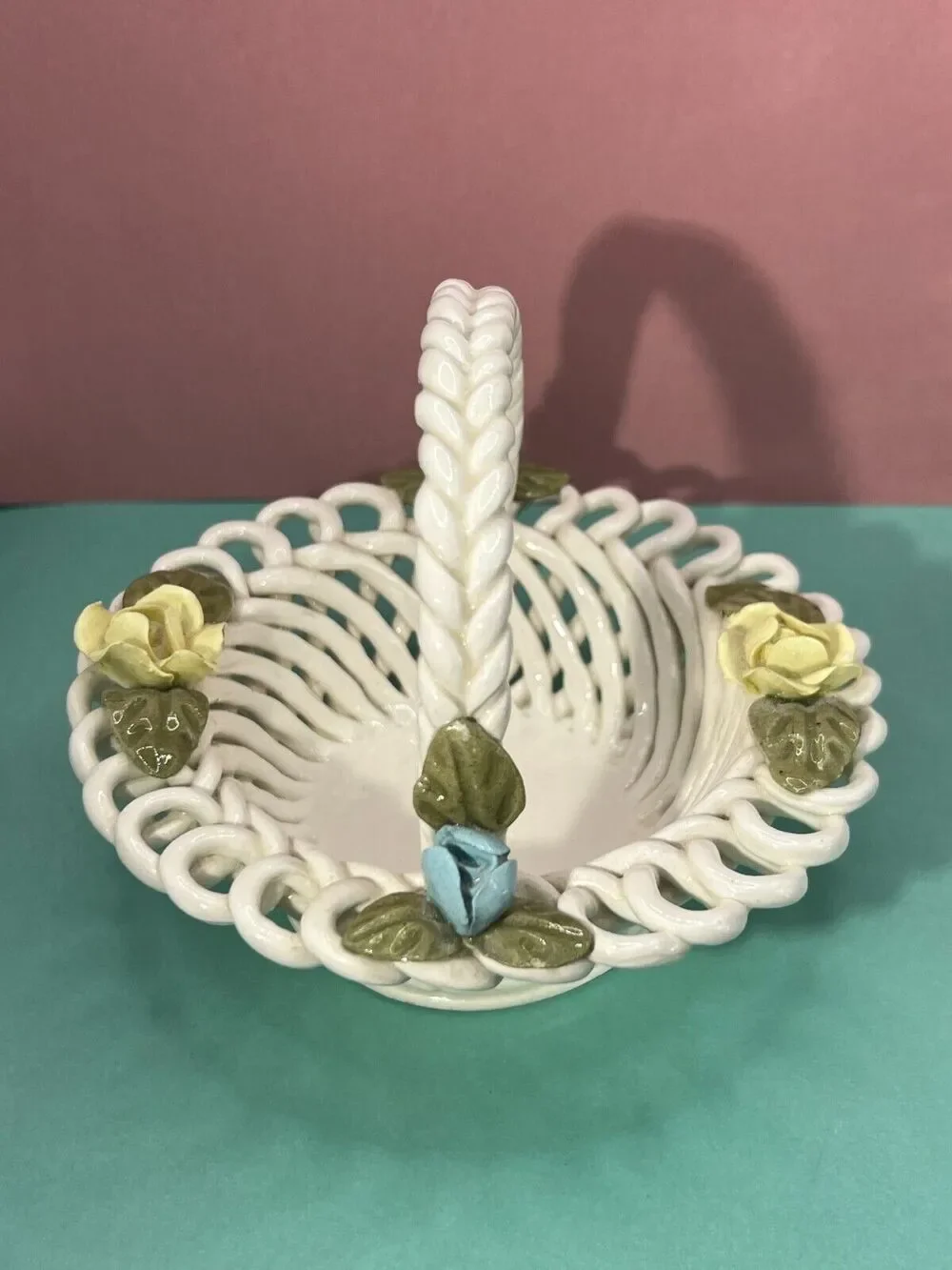 Porcelain Woven White Basket w/ Applied Flowers
